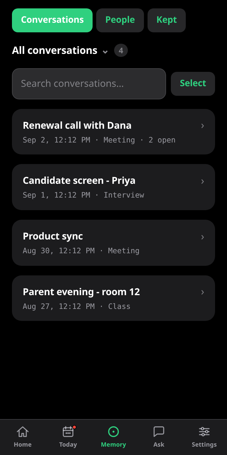 Every past conversation in the Memory tab, each with its date, its mode and what is still open.