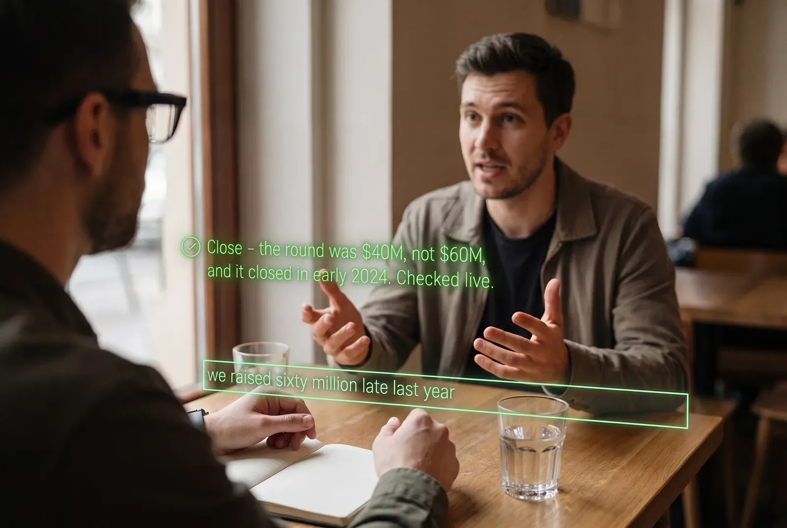 Seen through the glasses: a founder across a café table, mid-pitch. On the lens: a tick icon, then: Close - the round was $40M, not $60M, and it closed in early 2024. Checked live. Below it: what was just said, we raised sixty million late last year.