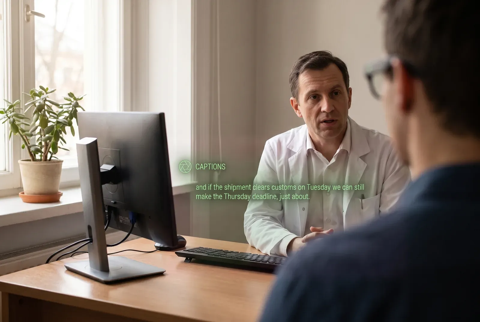 Seen through the glasses: a doctor across a desk. On the lens: the listening aperture and CAPTIONS, then the conversation word for word: and if the shipment clears customs on Tuesday we can still make the Thursday deadline, just about.