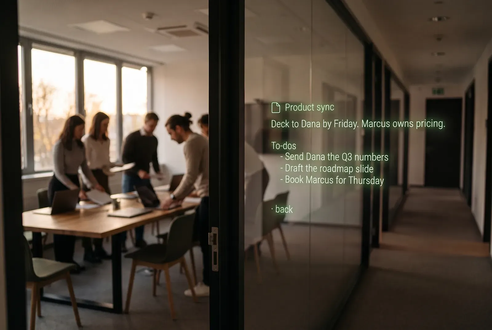 Seen through the glasses: leaving a glass meeting room, people gathering laptops. On the lens: a recap icon, Product sync. Deck to Dana by Friday. Marcus owns pricing. To-dos: send Dana the Q3 numbers, draft the roadmap slide, book Marcus for Thursday.