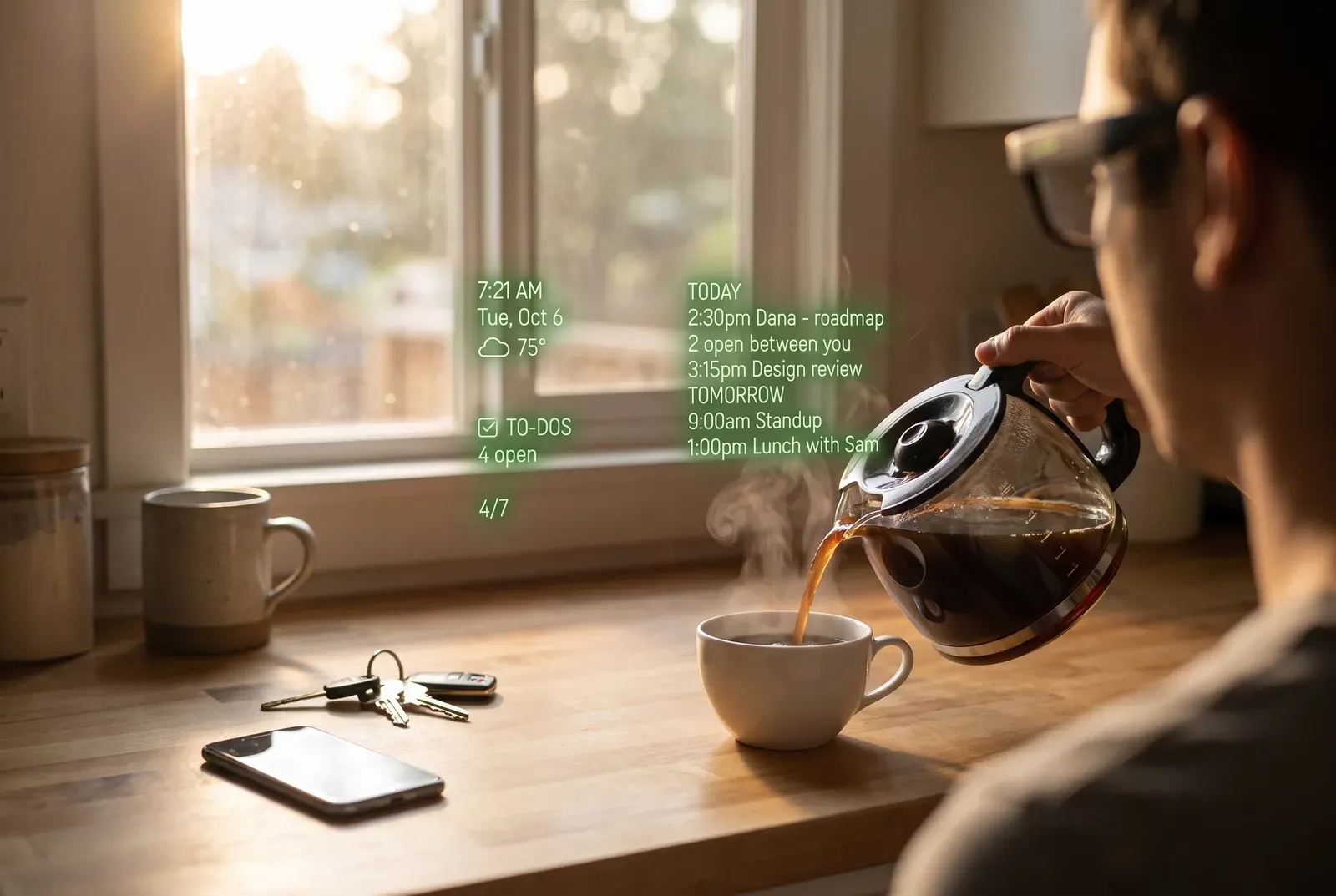 Seen through the glasses: a kitchen counter at 7:21 in the morning, coffee being poured. On the lens: 7:21 AM, Tue Oct 6, a weather icon and 75 degrees; a to-do icon, To-dos, 4 open; today 2:30pm Dana, roadmap, 2 open between you. 3:15pm Design review. Tomorrow 9:00am standup, 1:00pm lunch with Sam.