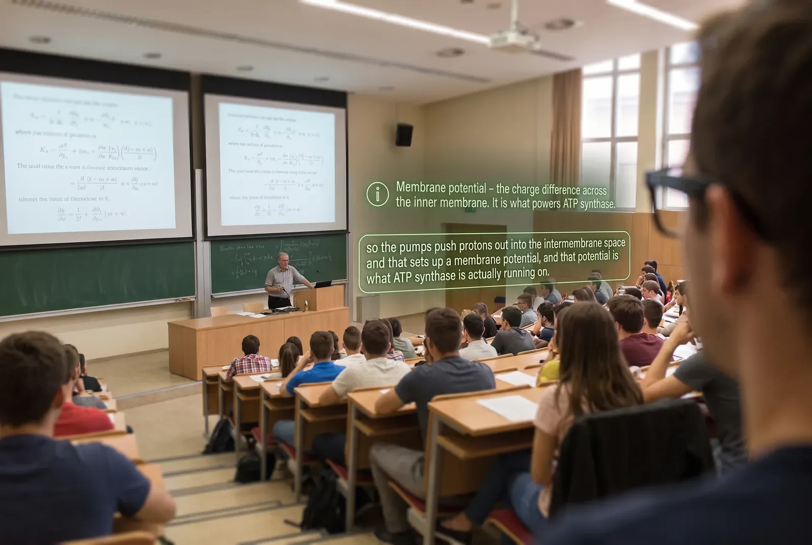 Seen through the glasses: a lecture hall from the back rows. On the lens: an information icon, then: Membrane potential - the charge difference across the inner membrane. It is what powers ATP synthase.