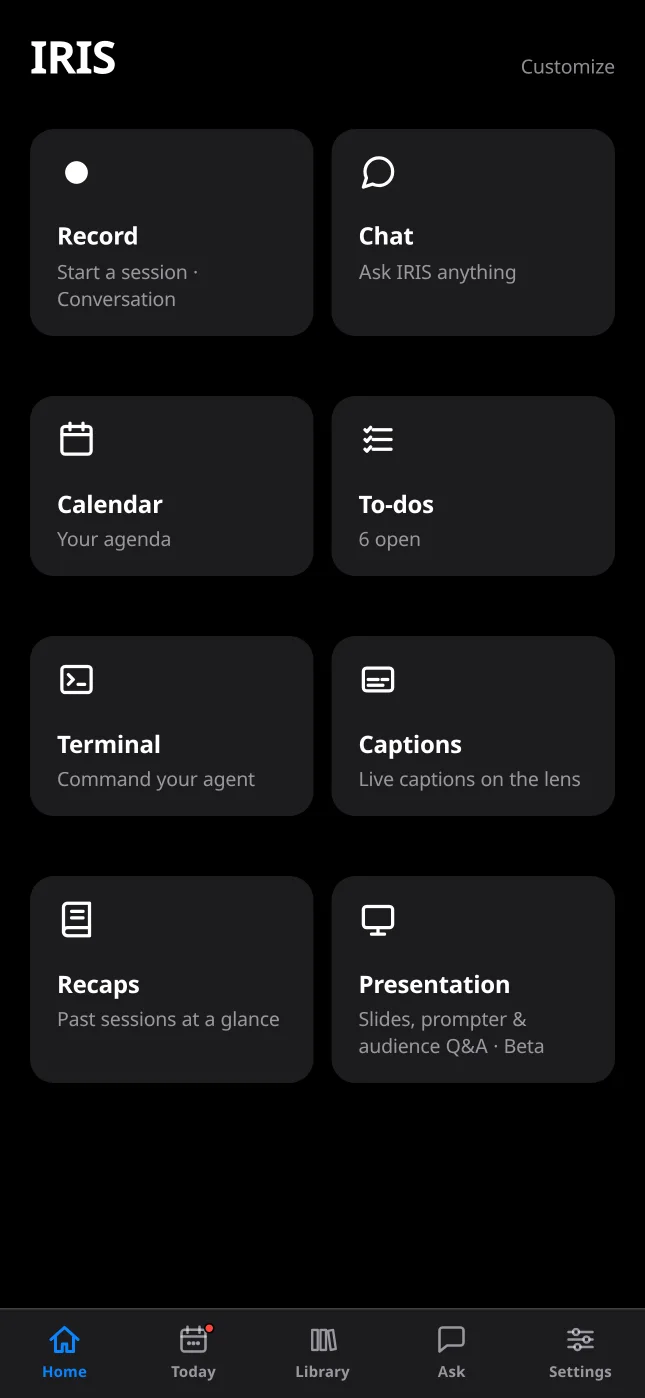 The IRIS home screen: Record, Chat, Calendar, To-dos, Terminal, Captions, Recaps and Presentation tiles.