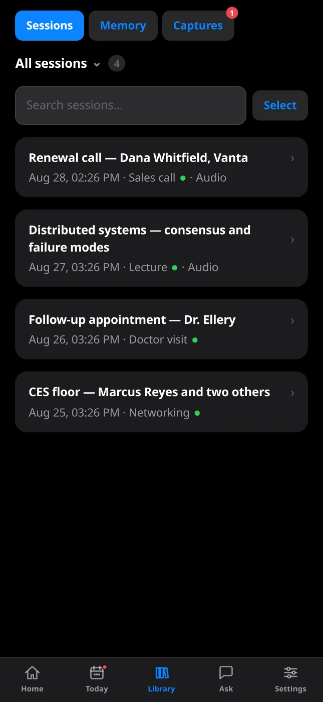 The IRIS library: past sessions filtered by mode, each with its date and recording.