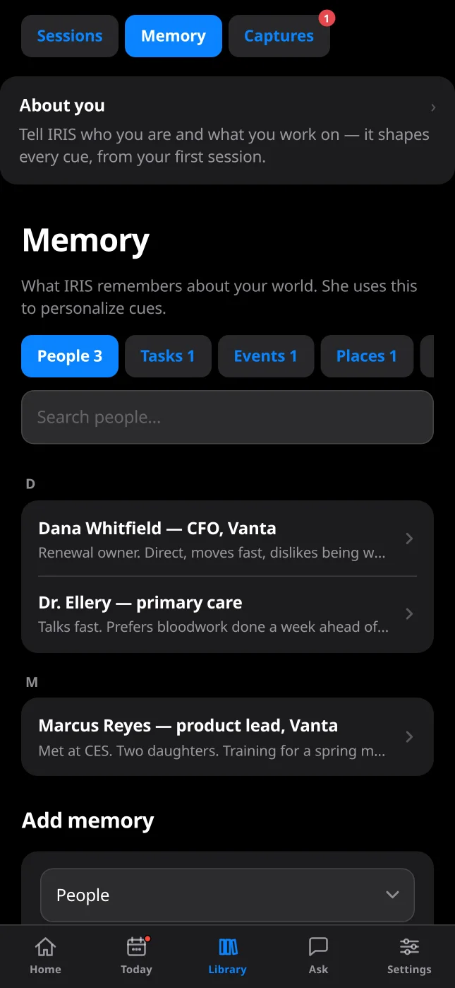 IRIS Memory: people, tasks, events and places IRIS has remembered from past conversations.