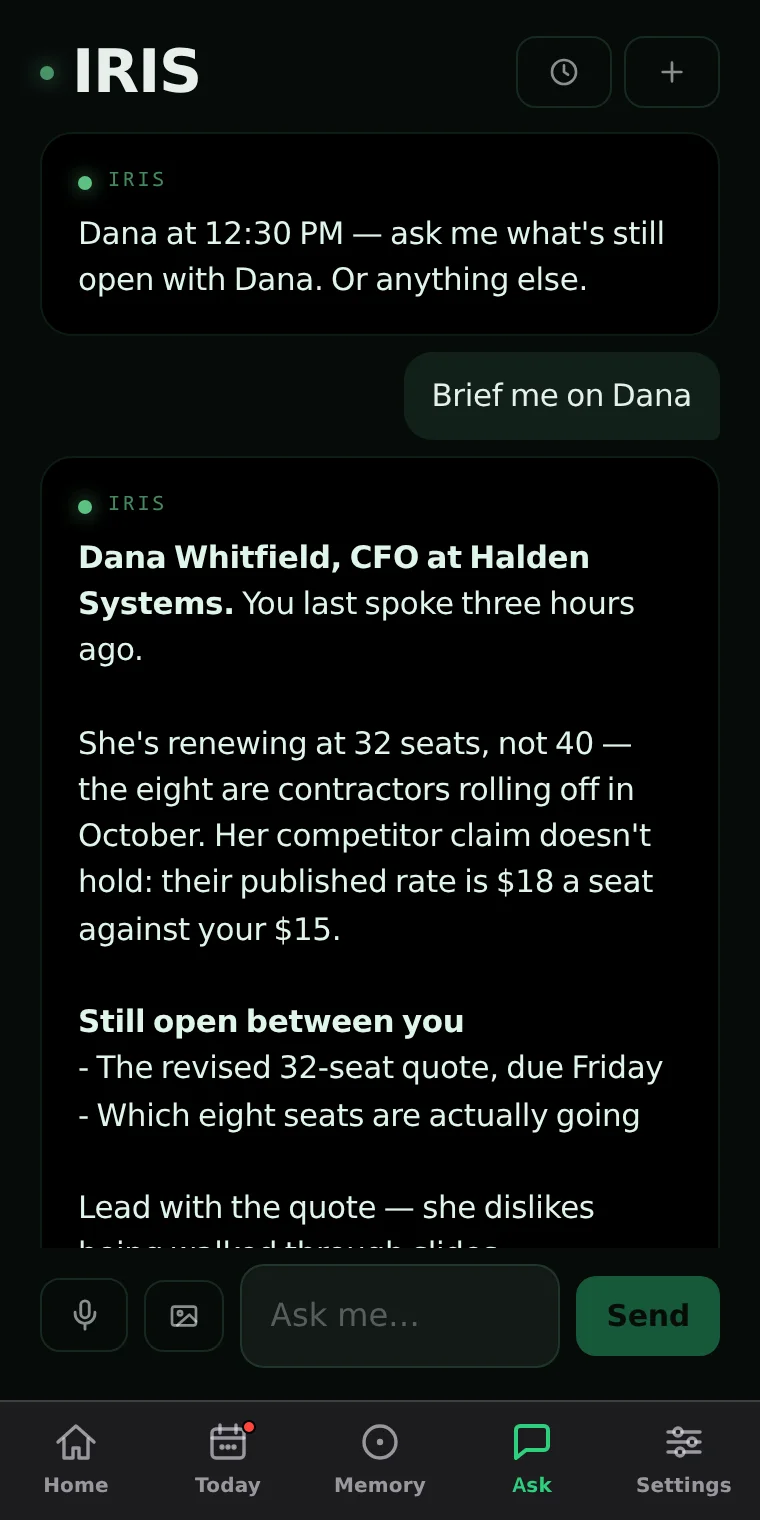 The Ask tab: Brief me on Dana. IRIS answers with who she is, what changed since last time, what is still open and how she likes to be handled.