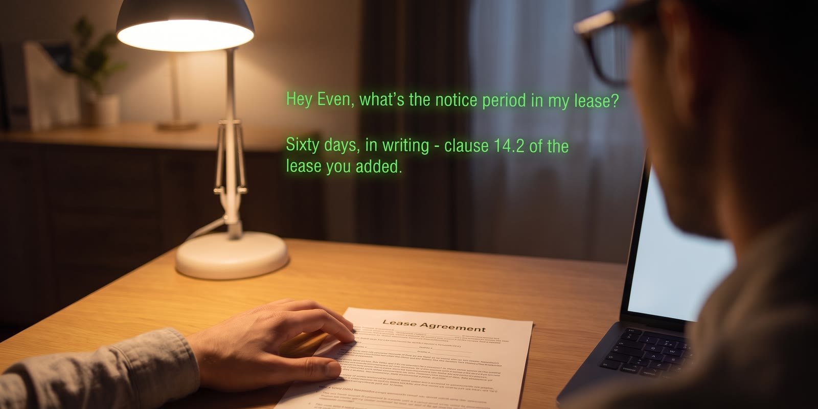 Seen through the glasses: asked the notice period in the lease, IRIS answers sixty days in writing, clause 14.2 of the lease you added