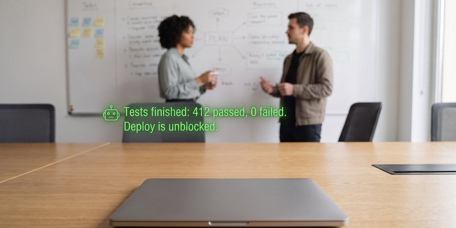 Seen through the glasses: the agent reports that the test suite finished, 412 passed, 0 failed