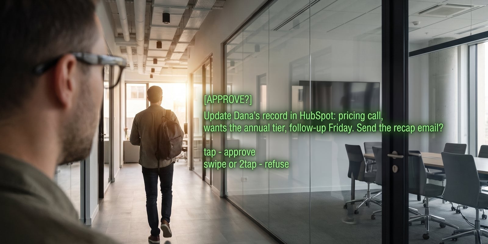 Seen through the glasses: an approval question asking to update Dana’s HubSpot record and send the recap email, tap to approve