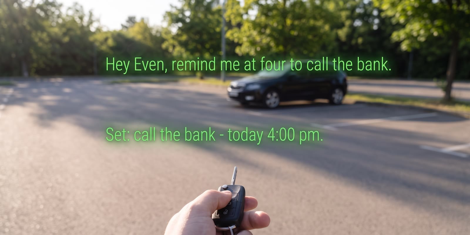 Seen through the glasses: Hey Even confirms Reminder set, call the bank, today 4:00 pm, I’ll email you