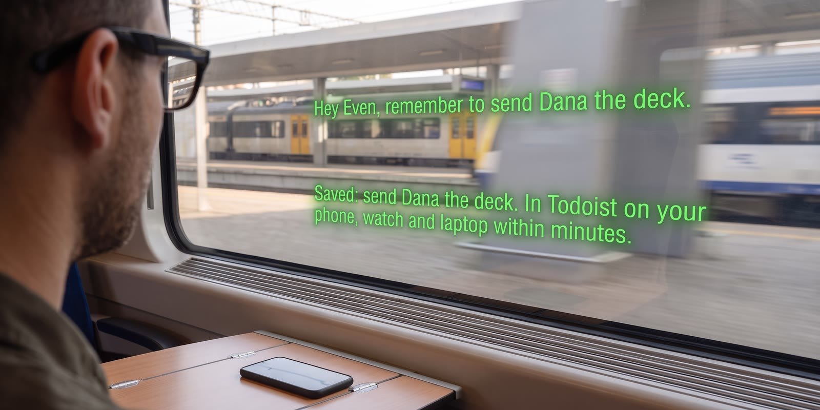 Seen through the glasses: Hey Even confirms To-do saved, send Dana the deck, and it is in Todoist within minutes