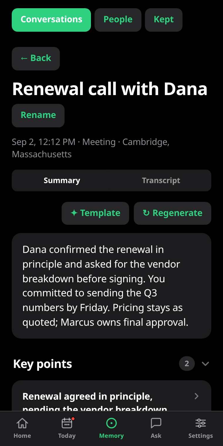 A finished IRIS conversation: the renewal call with Dana, its summary, and the key points IRIS pulled out of it.