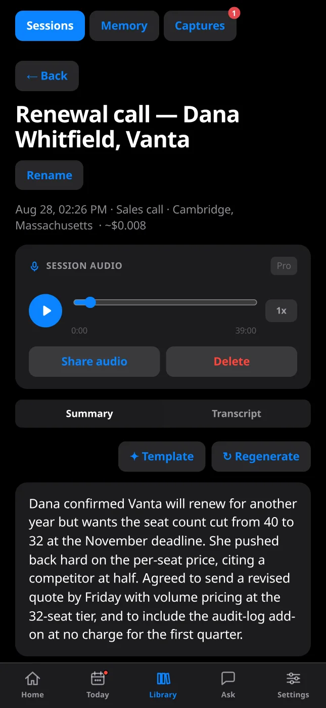 An IRIS session: title, location, the audio recording, and the AI summary of a renewal call.